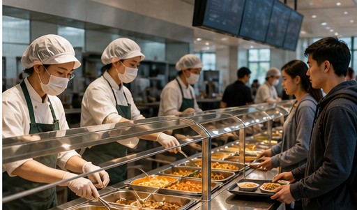 食堂打餐线员工在午餐高峰为顾客分餐