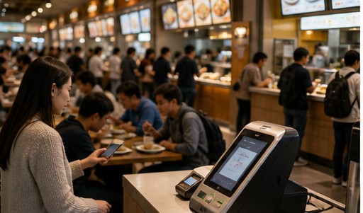 美食广场多档口、共享座位和支付终端场景