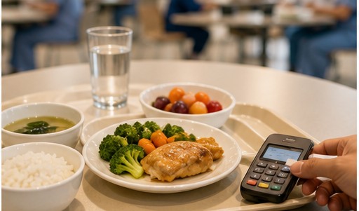 机构食堂餐盘和紧凑支付终端的洁净用餐场景