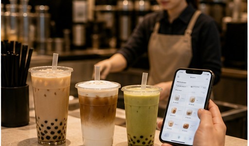 茶饮取餐柜台上的奶茶饮品和移动点单场景